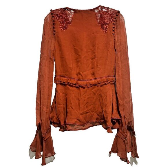 NWOT Jonathan Simkhai Silk V-Neck Blouse XS Brown Long Sleeve Ruffle Lace Detail - Picture 4 of 10